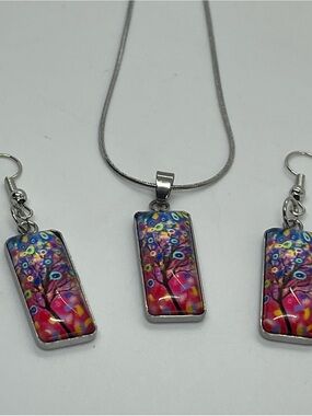 Hand Crafted Pink Blue Tree Glass Pendant Necklace Earrings Set NWT